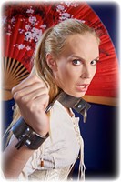 Free bondage photo Ariel Anderssen barefoot, historical, blonde, leg irons, steampunk, medieval, metal bondage, corset, cosplay, ungagged, yoke