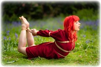 Free bondage photo Temptress Kate barefoot, hogtie, outdoor, dress, ungagged, redhead, rope bondage