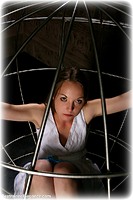 Free bondage photo Pling rope bondage, rope gag, barefoot, cage, dress, ungagged
