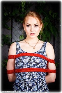 Bondage photo pic picture Irene rope bondage, barefoot, hogtie, dress, ungagged, redhead