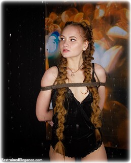 Bondage photo pic picture Irene rope bondage, barefoot, lingerie, ungagged, redhead, wet