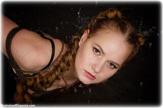 Bondage photo pic picture Irene rope bondage, barefoot, lingerie, ungagged, redhead, wet
