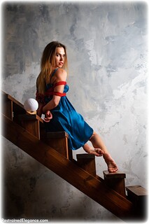 Bondage photo pic picture Delta rope bondage, barefoot, satin, silk, brunette, dress, ungagged