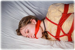 Bondage photo pic picture Agnes rope bondage, barefoot, hogtie, silk, brunette, cloth gag, dress