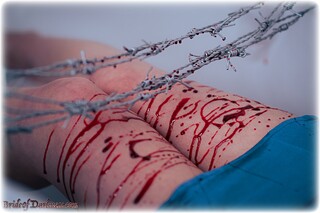 Bondage photo pic picture Scarlett Foxett barefoot, bit gag, horror, nipple clamps, redhead, blood