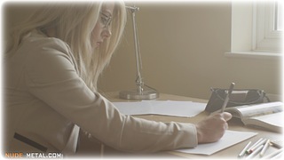 Bondage photo pic picture Tillie barefoot, handcuffs, blonde, blouse, shoes, skirt, business wear, leg irons, metal bondage, nude, nude in metal, fiddle