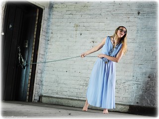 Bondage photo pic picture Ayla Rose glasses, barefoot, handcuffs, blonde, horror, leg irons, chains, metal bondage, collar, dress, ungagged