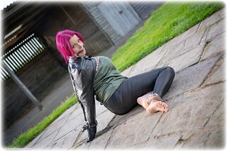 Bondage photo pic picture Temptress Kate armbinder, satin, handcuffs, bit gag, silk, single glove, leg irons, metal bondage, outdoor, redhead