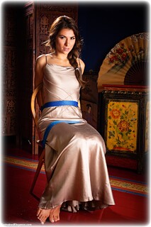 Bondage photo pic picture Czech Beauty rope bondage, ballgown, barefoot, satin, silk, brunette, chair tie, dress, ungagged