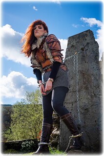 Bondage photo pic picture Zoe Page handcuffs, boots, leg irons, medieval, chains, metal bondage, ungagged, redhead