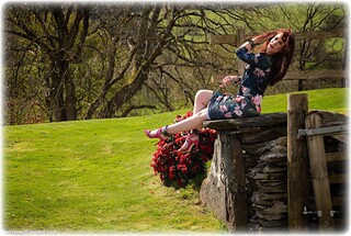 Bondage photo pic picture Zoe Page barefoot, shackles, leg irons, chains, metal bondage, collar, outdoor, dress, ungagged, redhead