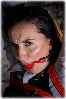 Bondage photo pic picture Sophia Smith rope bondage, ballgag, barefoot, skirt, brunette, dungeon, uniform