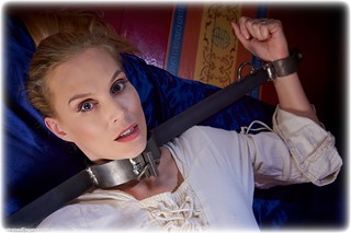 Bondage photo pic picture Ariel Anderssen barefoot, historical, blonde, leg irons, steampunk, medieval, metal bondage, corset, cosplay, ungagged, yoke