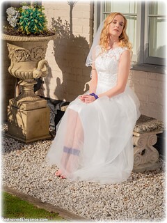 Bondage photo pic picture Ariel Anderssen rope bondage, barefoot, gown, blonde, bride, outdoor, dress, ungagged