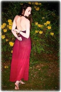 Bondage photo pic picture Sophia Smith ballgown, barefoot, handcuffs, brunette, leg irons, metal bondage, outdoor, ungagged