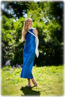 Bondage photo pic picture Ariel Anderssen satin, ballgown, barefoot, blonde, silk, single glove, leather bondage, outdoor, ungagged