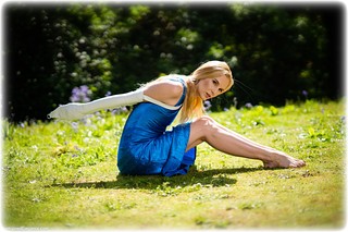 Bondage photo pic picture Ariel Anderssen satin, ballgown, barefoot, blonde, silk, single glove, leather bondage, outdoor, ungagged