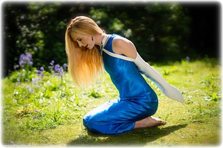 Bondage photo pic picture Ariel Anderssen satin, ballgown, barefoot, blonde, silk, single glove, leather bondage, outdoor, ungagged