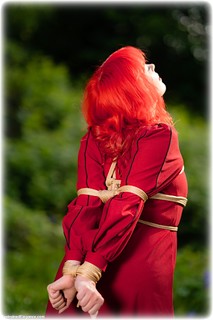 Bondage photo pic picture Temptress Kate barefoot, hogtie, outdoor, dress, ungagged, redhead, rope bondage