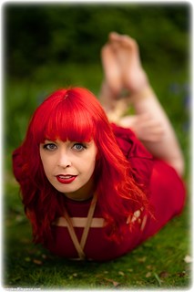 Bondage photo pic picture Temptress Kate barefoot, hogtie, outdoor, dress, ungagged, redhead, rope bondage