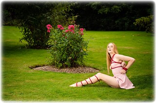 Bondage photo pic picture Ariel Anderssen rope bondage, barefoot, blonde, outdoor, dress, ungagged