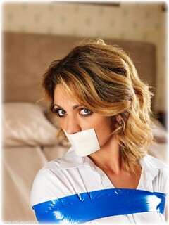 Bondage photo pic picture Alba Zevon barefoot, bedroom, blonde, blouse, bondage tape, jeans, tape gag, denim