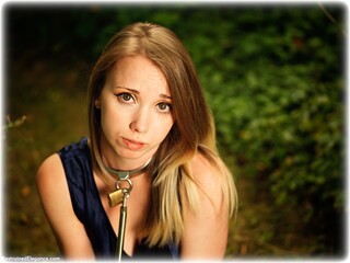 Bondage photo pic picture Lil Missy barefoot, satin, shackles, blonde, silk, sm factory, leg irons, spreader bar, chains, metal bondage, collar, outdoor, dress, ungagged, fiddle