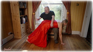 Bondage photo pic picture Brianna Olivia ballgown, satin, blonde, silk, humiliation, spanking, corporal punishment, paddle