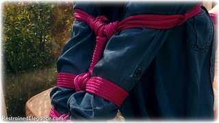 Bondage photo pic picture Lauren Louise rope bondage, barefoot, blouse, silk, brunette, sm factory, lingerie, cloth gag, metal bondage, collar, denim, topless