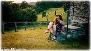 Bondage photo pic picture Zoe Page rope bondage, ballgag, barefoot, outdoor, dress, redhead
