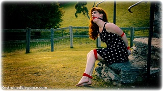 Bondage photo pic picture Zoe Page rope bondage, ballgag, barefoot, outdoor, dress, redhead
