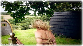 Bondage photo pic picture Lucy Lauren rope bondage, barefoot, hogtie, blonde, humiliation, slave training, metal bondage, collar, nude, tape gag, outdoor, drama