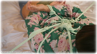 Bondage photo pic picture Sarah Wild rope bondage, barefoot, gag, bedroom, humiliation, jeans, brunette, lingerie, topless, vet wrap