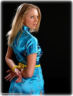 Bondage photo pic picture Abigail Toyne rope bondage, barefoot, satin, shoes, silk, chinese dress