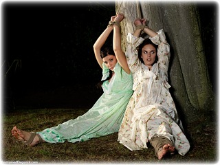 Bondage photo pic picture Amy Hunter and Chloe James rope bondage, barefoot, gown, cloth gag, outdoor, historical
