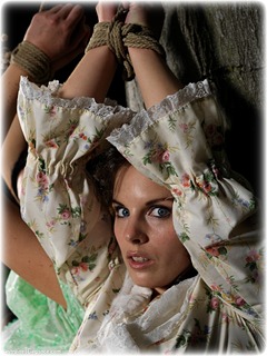 Bondage photo pic picture Amy Hunter and Chloe James rope bondage, barefoot, gown, cloth gag, outdoor, historical