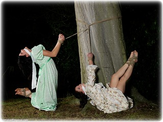 Bondage photo pic picture Amy Hunter and Chloe James rope bondage, barefoot, gown, cloth gag, outdoor, historical