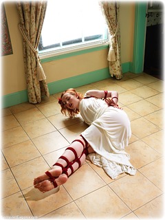 Bondage photo pic picture Anita deBauch ballgown, barefoot, rope bondage, gown, historical, hogtie, dress, ungagged, redhead