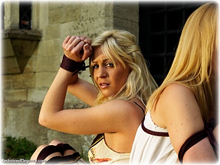 Bondage photo pic picture Paige Robbins and Ariel Anderssen girlgirl, rope bondage, barefoot, satin, humiliation, silk, slave training, outdoor