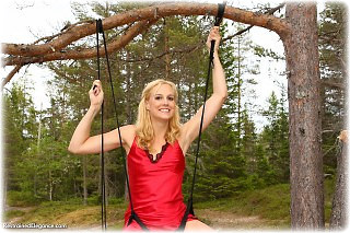Bondage photo pic picture Ariel Anderssen rope bondage, barefoot, satin, self bondage, suspension, nude, outdoor