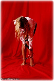 Bondage photo pic picture Belle barefoot, handcuffs, satin, blouse, silk, leg irons, metal bondage