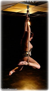 Bondage photo pic picture Cate Harrington rope bondage, barefoot, suspension, nude, topless