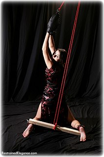 Bondage photo pic picture Charisma Cole ballgag, rope bondage, barefoot, satin, shoes, silk, spreader bar, chinese dress