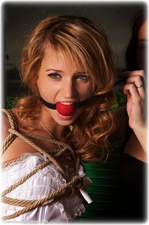 Bondage photo pic picture Samira and Dolly ballgag, rope bondage, girlgirl, barefoot, blonde, brunette, lesbian, lingerie, stockings, corset, dress, ungagged