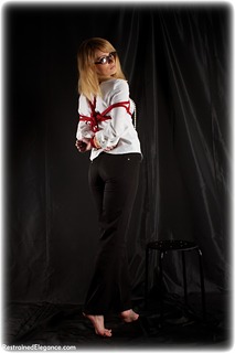 Bondage photo pic picture Dolly glasses, barefoot, hogtie, blouse, business wear, lingerie, ungagged, rope bondage