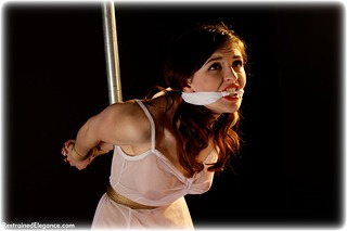Bondage photo pic picture Fawna Latrisch rope bondage, barefoot, gown, bondage pole, cloth gag, topless, ungagged