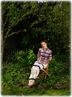 Bondage photo pic picture Bunnie Stevens barefoot, rope bondage, satin, blouse, silk, skirt, outdoor, ungagged, redhead