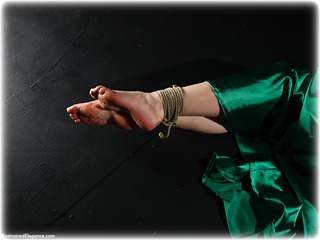 Bondage photo pic picture Holly T rope bondage, ballgown, barefoot, satin, bit gag, blonde, silk