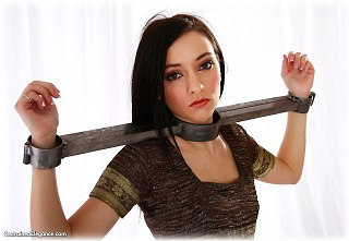 Bondage photo pic picture Honey barefoot, silk, metal bondage