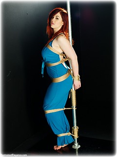 Bondage photo pic picture Jaye Rose rope bondage, ballgown, barefoot, shoes, ungagged